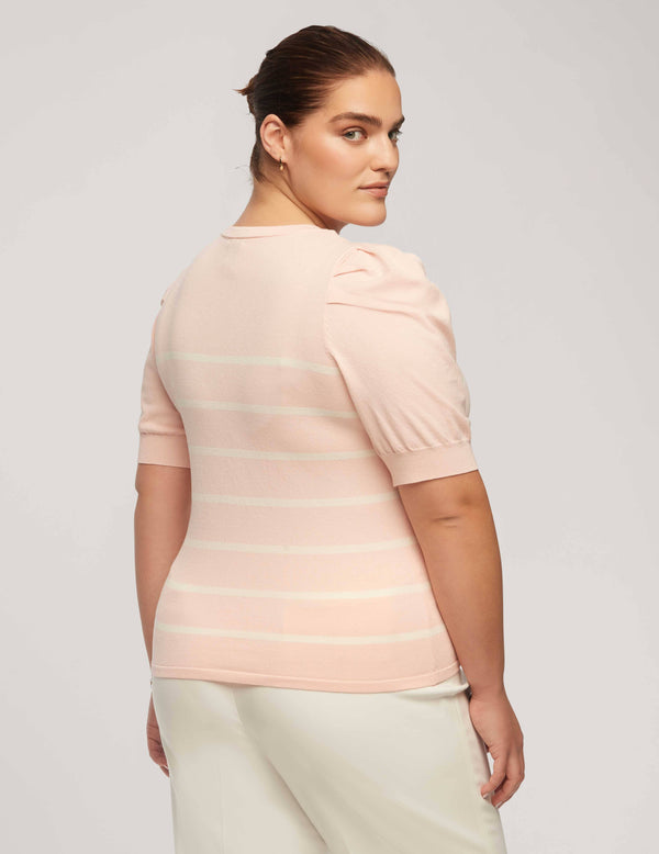 Anne Klein Plus Size Short Puff Sleeve Crew Neck With Stripes Cherry Blossom/Anne White