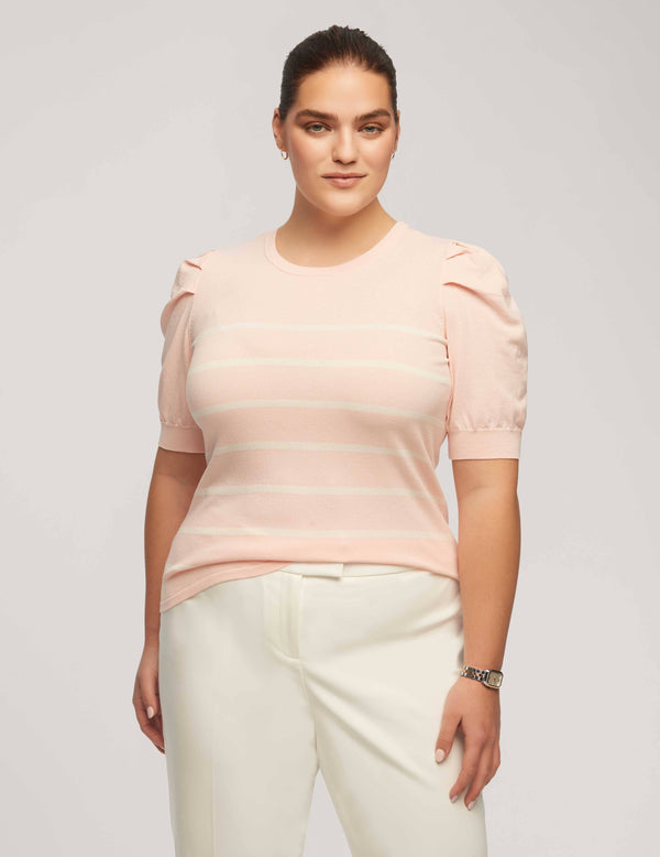 anne klein Plus Size Short Puff Sleeve Crew Neck With Stripes Cherry Blossom/Anne White