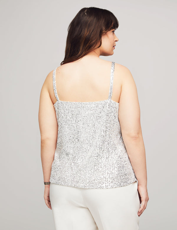 Anne Klein Plus Size V-Neck Cami Sequin Knit Silver/Bright White
