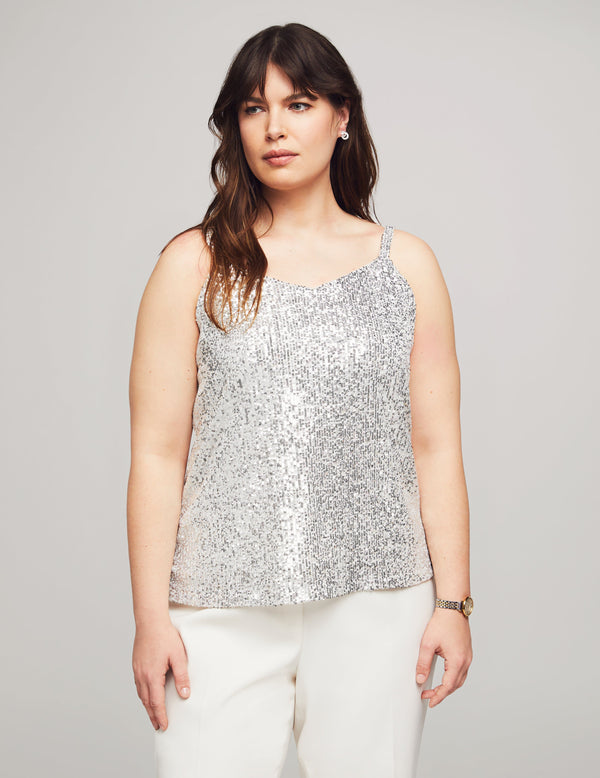 anne klein Plus Size V-Neck Cami Sequin Knit Silver/Bright White