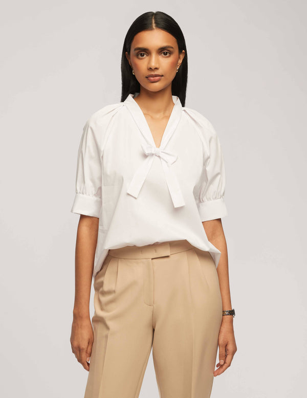 anne klein Poplin Puff Sleeve Blouse With Neck Tie- Sale Bright White