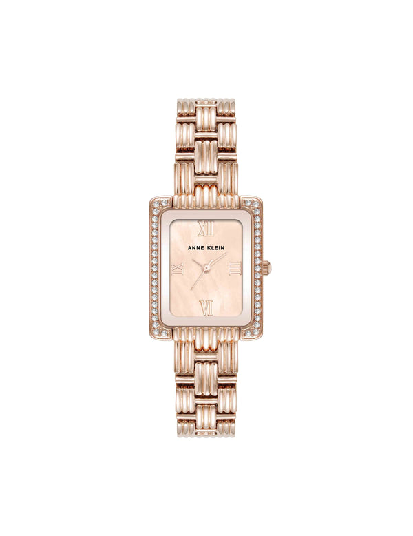 anne klein Premium Crystal Accented Grooved Link Bracelet Watch Rose Gold-Tone