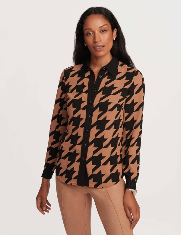 Anne Klein Printed Button Down Blouse- Sale Vicuna/Anne Black