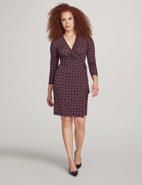 anne klein Printed Classic Wrap Dress- Sale Anne Blk/Chianti Mlt