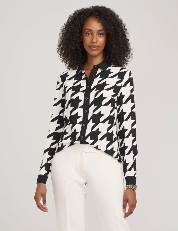 anne klein Printed Combo Button Down Blouse- Sale Anne Black/ Anne White