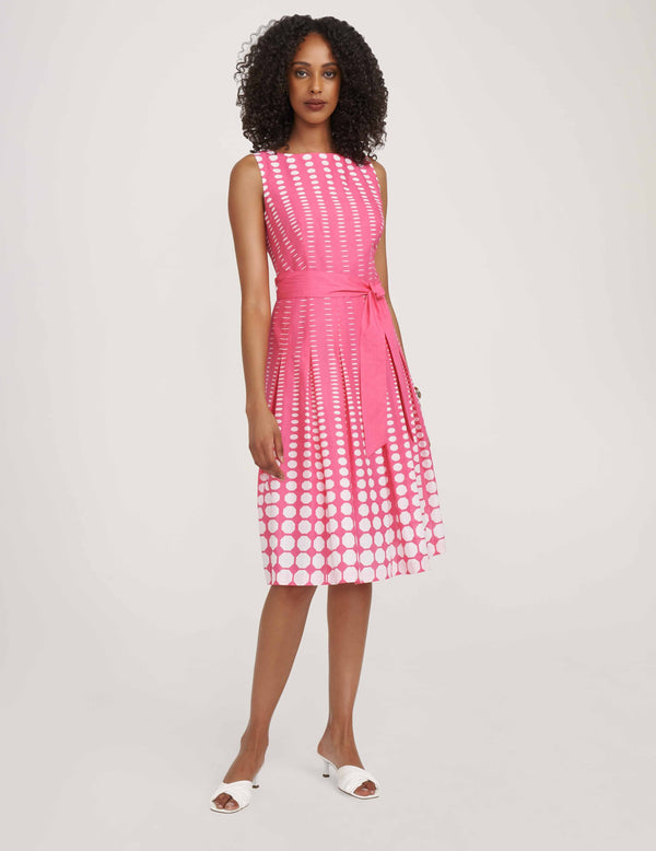 anne klein Printed Cotton Fit & Flare With Sash- Sale Pink Pansy/ Bright White