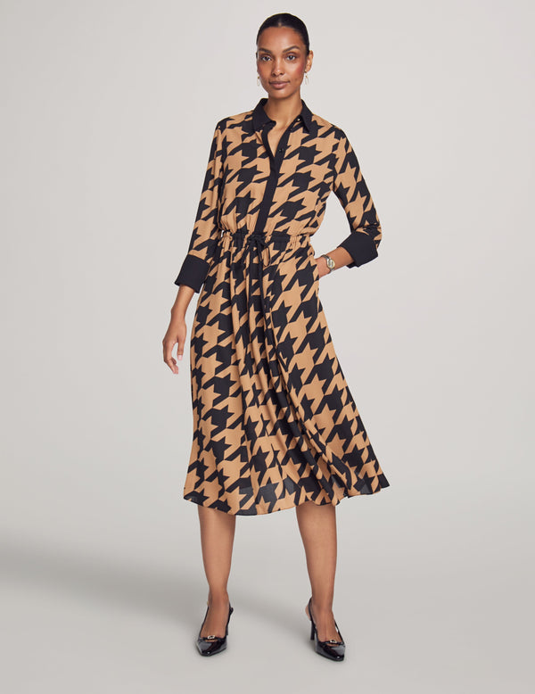 anne klein Printed Drawstring Shirt Dress- Sale Vicuna/Anne Black