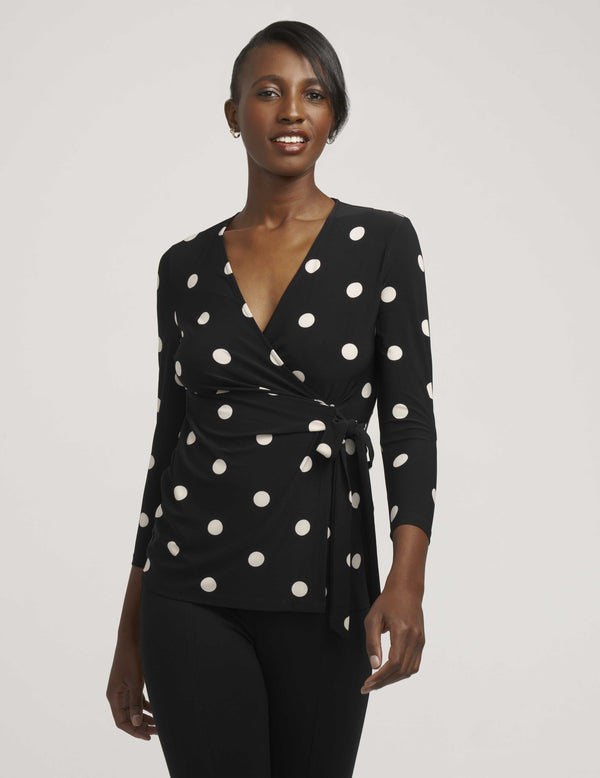 anne klein Printed Faux Wrap Top- Sale Anne Black&Anne White
