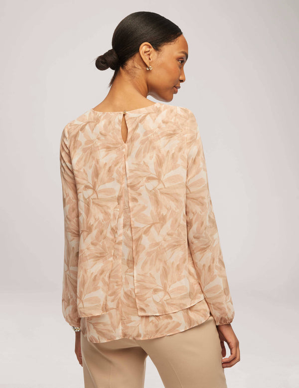 Anne Klein Printed Long Sleeve Double Layer Blouse Latte Multi