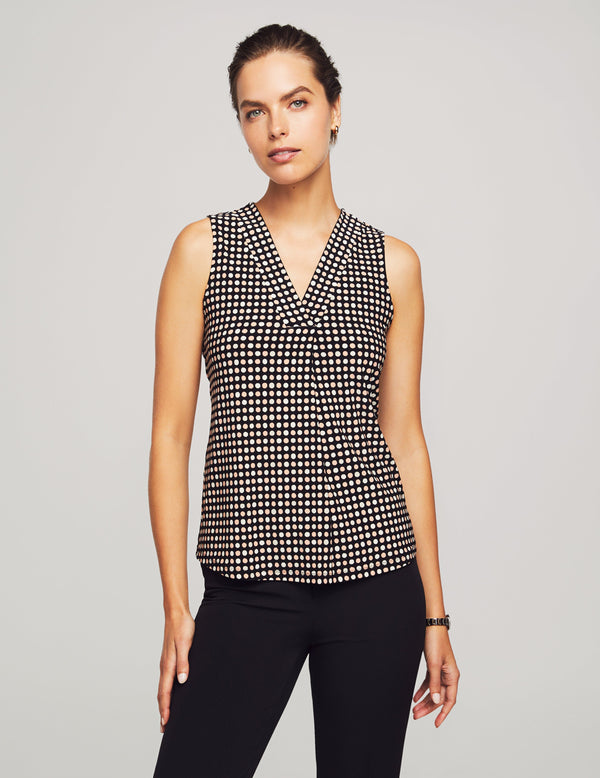anne klein Printed Pleat Front Shell Tank- Sale Anne Black/Warm Sand Multi