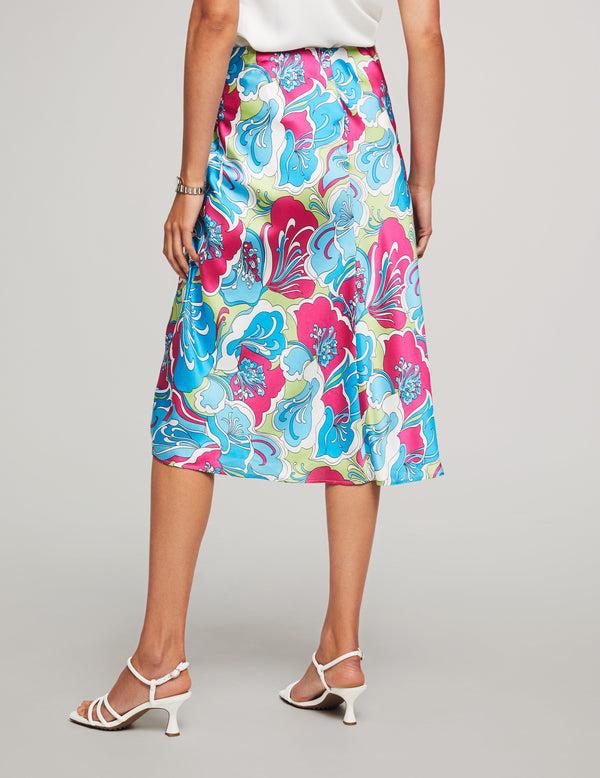 Anne Klein Printed Satin Flared Skirt Tropical Blue Multi
