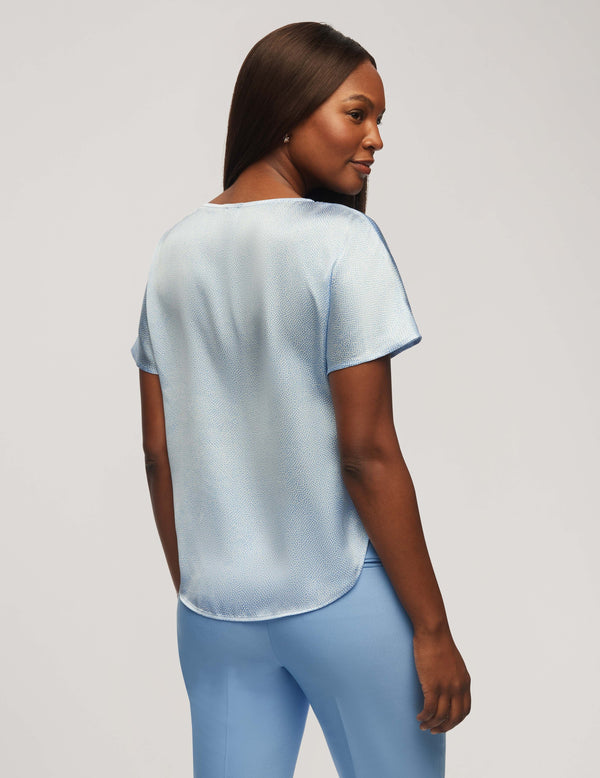 Anne Klein Printed Satin Short Sleeve Blouse With Bateau Neckline- Sale Shore Blue/Bright White