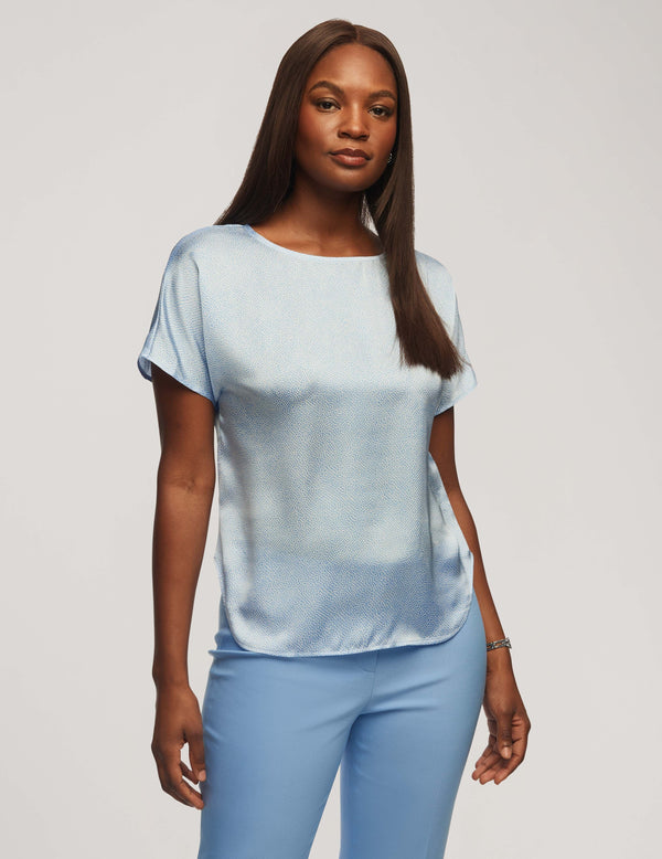 anne klein Printed Satin Short Sleeve Blouse With Bateau Neckline- Sale Shore Blue/Bright White