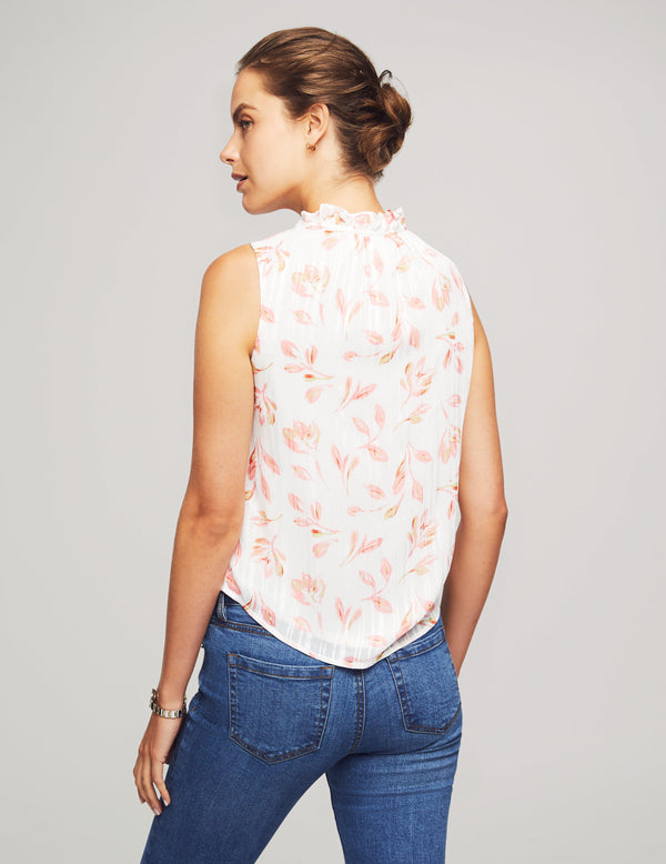 Anne Klein Printed Satin Stripe Sleeveless Ruffle Sleeve Tie Blouse- Sale Flamingo Pink Multi