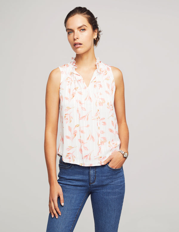 anne klein Printed Satin Stripe Sleeveless Ruffle Sleeve Tie Blouse- Sale Flamingo Pink Multi