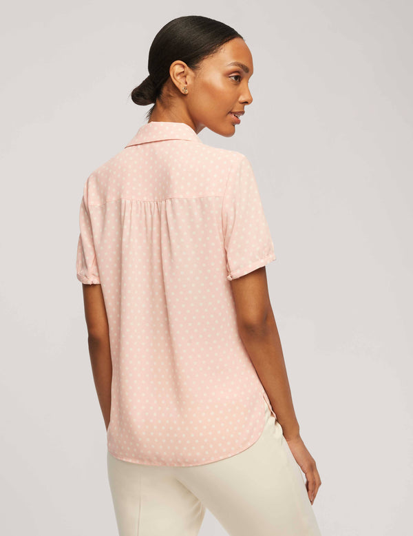 Anne Klein Printed Short Sleeve Button-Up Blouse- Sale Cherry Blossom/Anne White