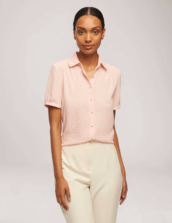 anne klein Printed Short Sleeve Button-Up Blouse- Sale Cherry Blossom/Anne White