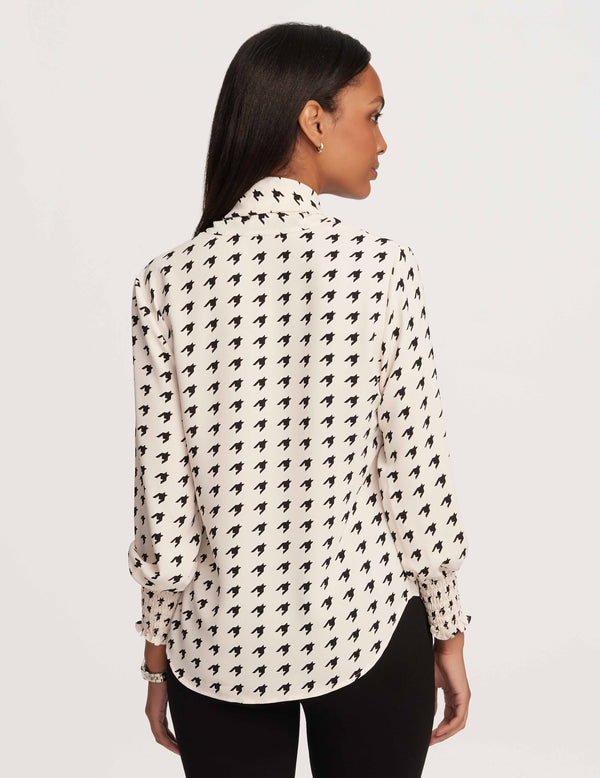 Anne Klein Printed Smocked Cuff Bow Blouse- Sale Anne White/Anne Black