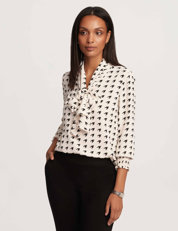 Anne Klein Printed Smocked Cuff Bow Blouse- Sale Anne White/Anne Black