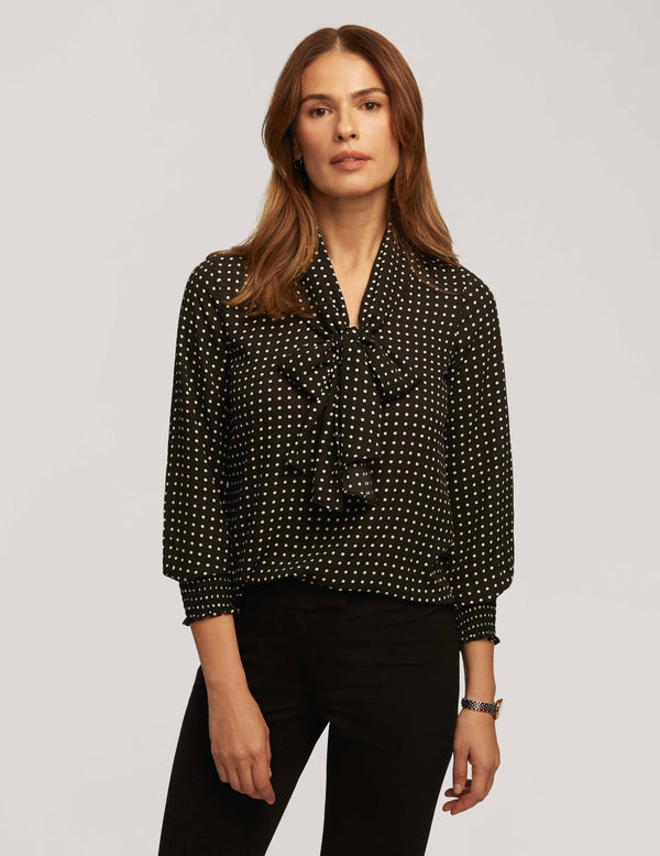 Anne Klein Printed Tie Neck Blouse- Sale Anne Black / Anne White