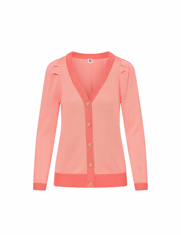 anne klein Puff Sleeve Cardigan with Contrast Placket- Sale Rose Apple/Red Pear