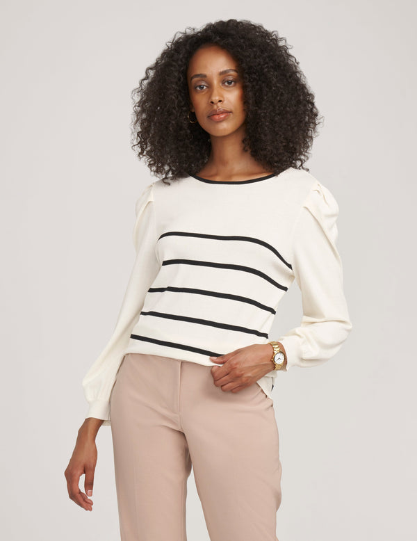 Anne Klein Puff Sleeve Crew Neck With Stripes- Sale Anne Black/ Anne White