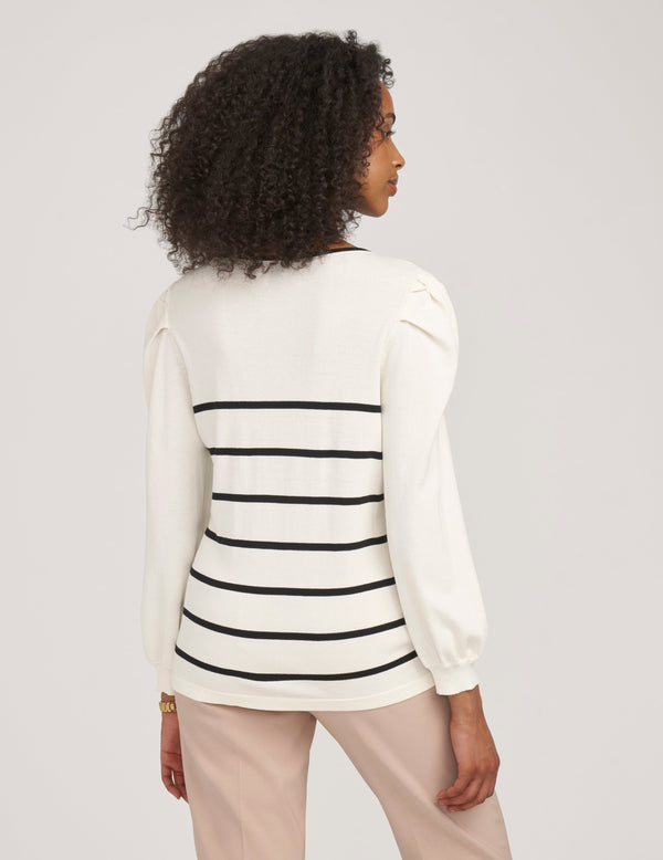 Anne Klein Puff Sleeve Crew Neck With Stripes- Sale Anne Black/ Anne White