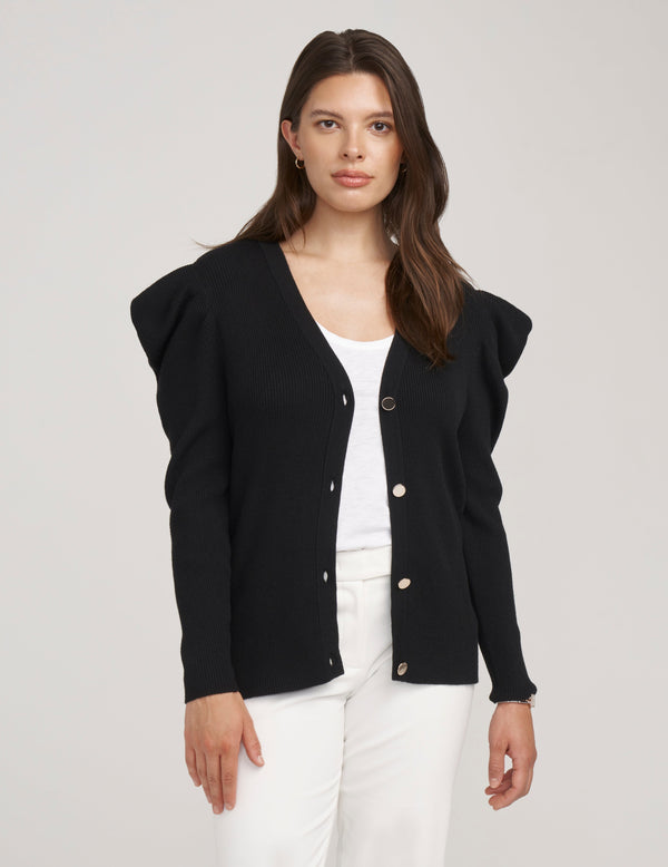 Anne Klein Puff Sleeve Ribbed Cardigan- Sale Anne Black