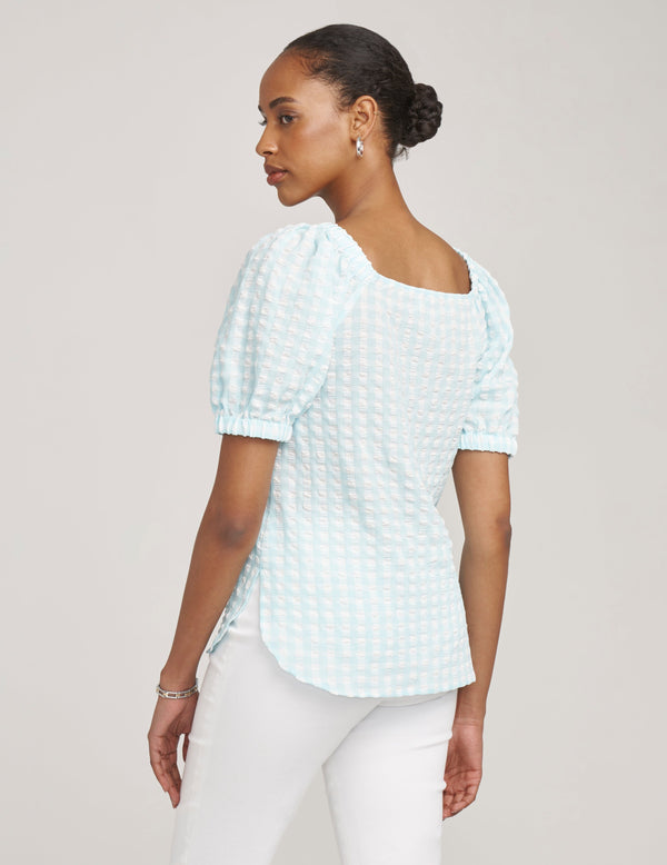 Anne Klein Puff Sleeve Square Neck Blouse- Sale Ocean Sky/Bright White