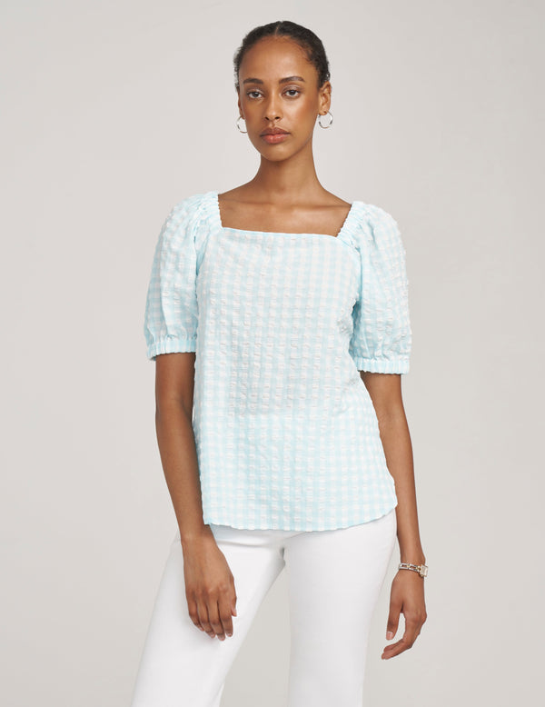 Anne Klein Puff Sleeve Square Neck Blouse- Sale Ocean Sky/Bright White