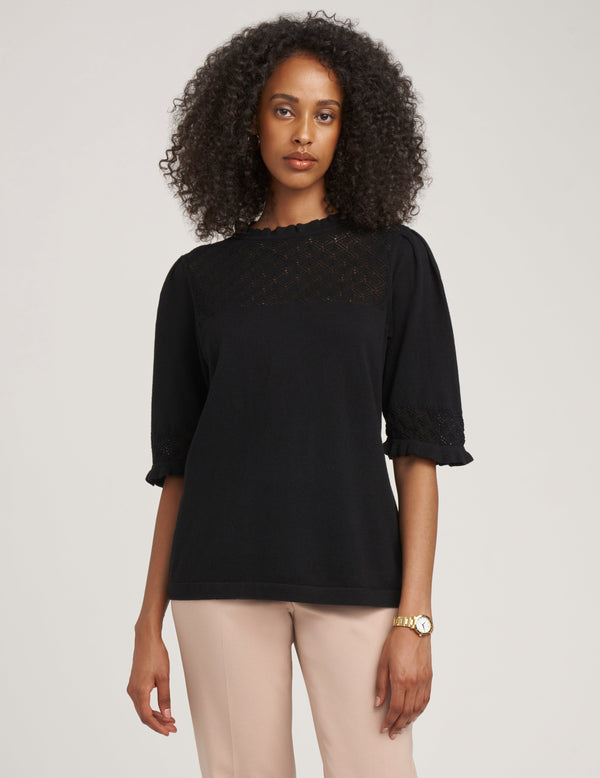 Anne Klein Puff Sleeve With Ruffle Neck Top- Sale Anne Black