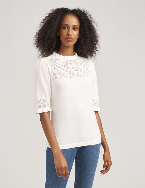 anne klein Puff Sleeve With Ruffle Neck Top- Sale Anne White