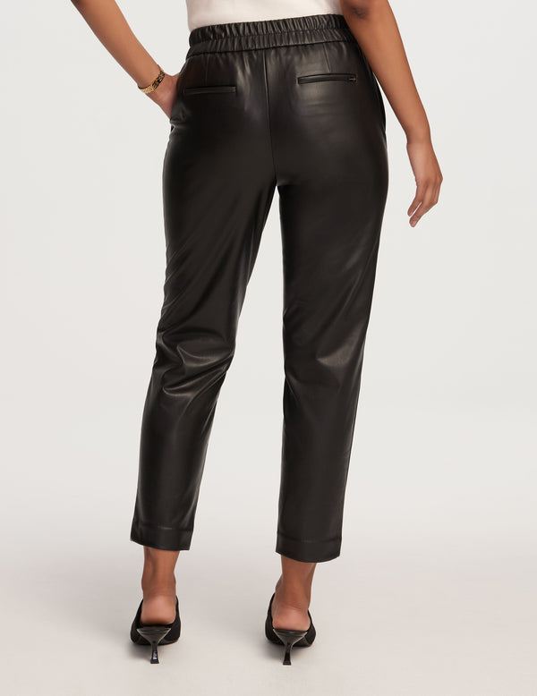 Anne Klein Pull On Cinched Waist Faux Leather Pant- Sale Anne Black