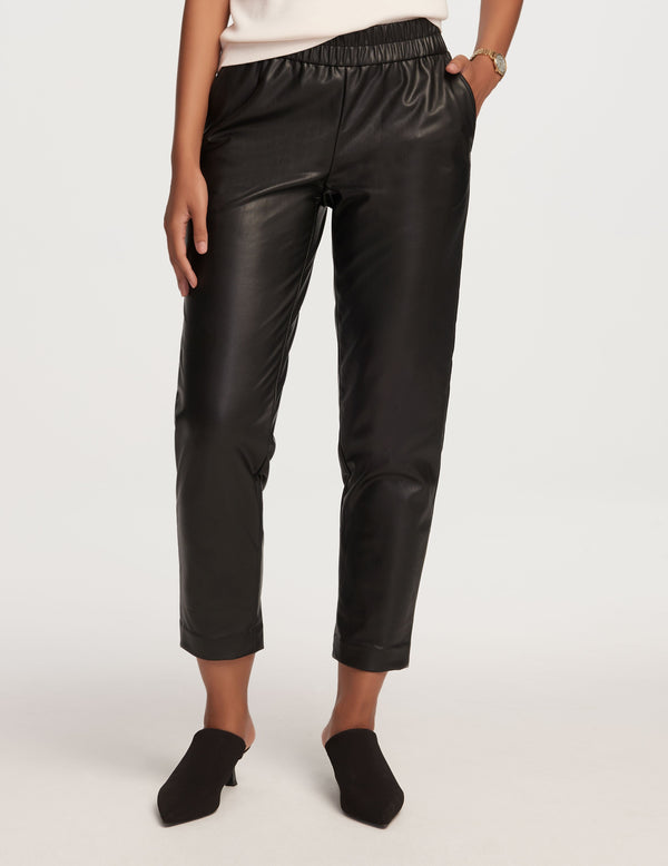 anne klein Pull On Cinched Waist Faux Leather Pant- Sale Anne Black