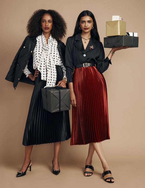 anne klein Pull On Pleated Skirt Satin Crepe- Sale Anne Black