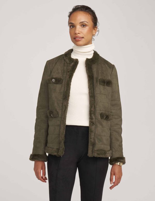 Anne Klein Quilted Scuba Suede Jacket With Fur Trim- Sale Kelp