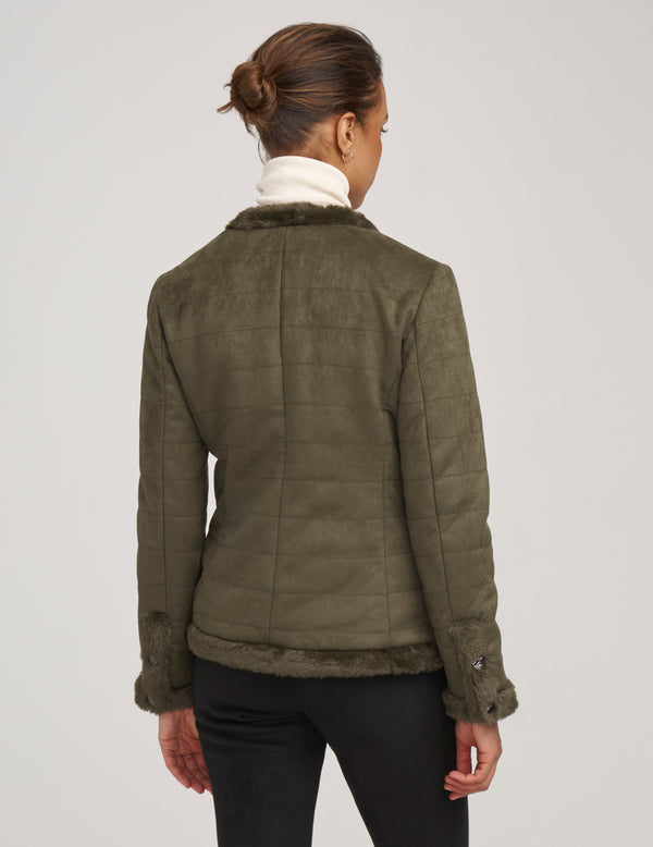 Anne Klein Quilted Scuba Suede Jacket With Fur Trim- Sale Kelp