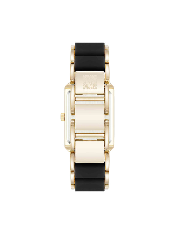Anne Klein Rectangular Silicone Bracelet Watch Black/Gold-Tone