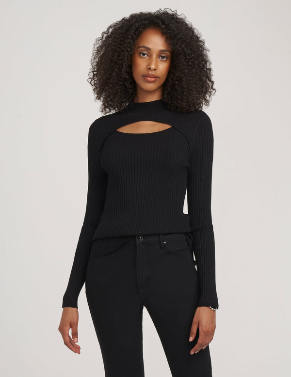 anne klein Ribbed Mock Neck Cutout Sweater- Sale Anne Black