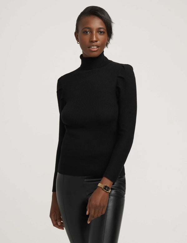 anne klein Ribbed Puff Shoulder Sweater- Sale Anne Black