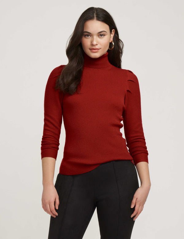 Anne Klein Ribbed Puff Shoulder Sweater- Sale Titian Red