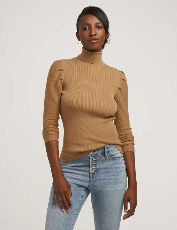 anne klein Ribbed Puff Shoulder Sweater- Sale Vicuna