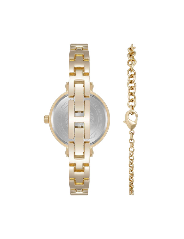 Anne Klein Round Gemstone Bangle Watch Set Abalone/Gold-Tone