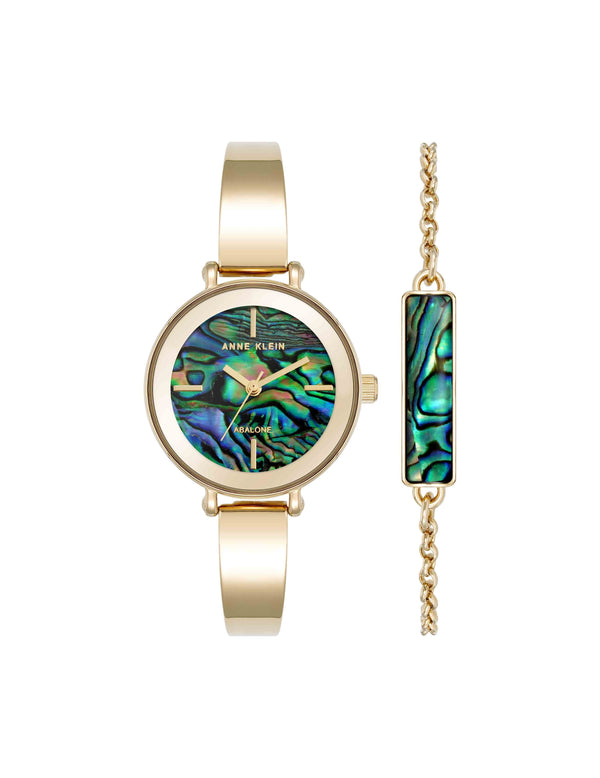 anne klein Round Gemstone Bangle Watch Set Abalone/Gold-Tone