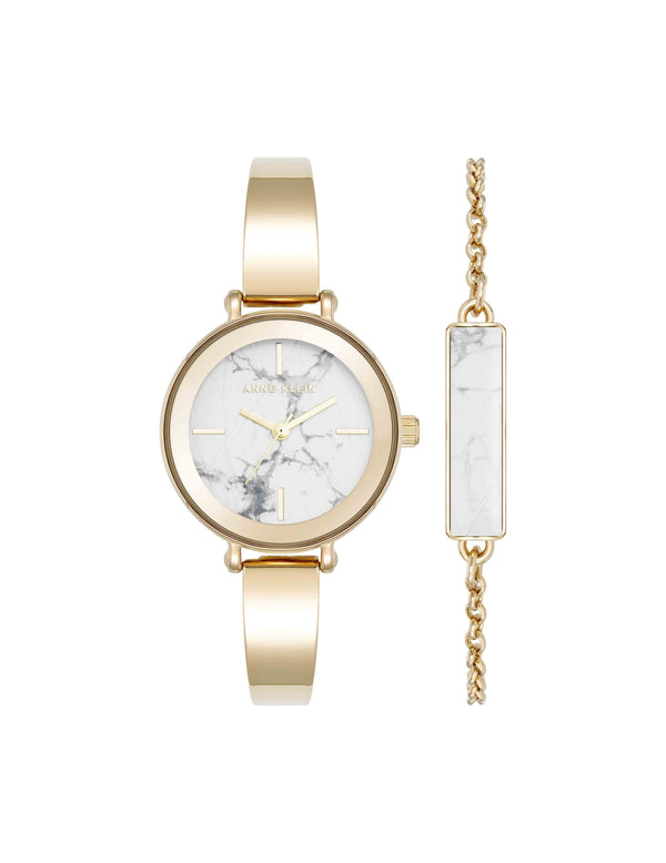 anne klein Round Gemstone Bangle Watch Set Gold-Tone/White Howlite