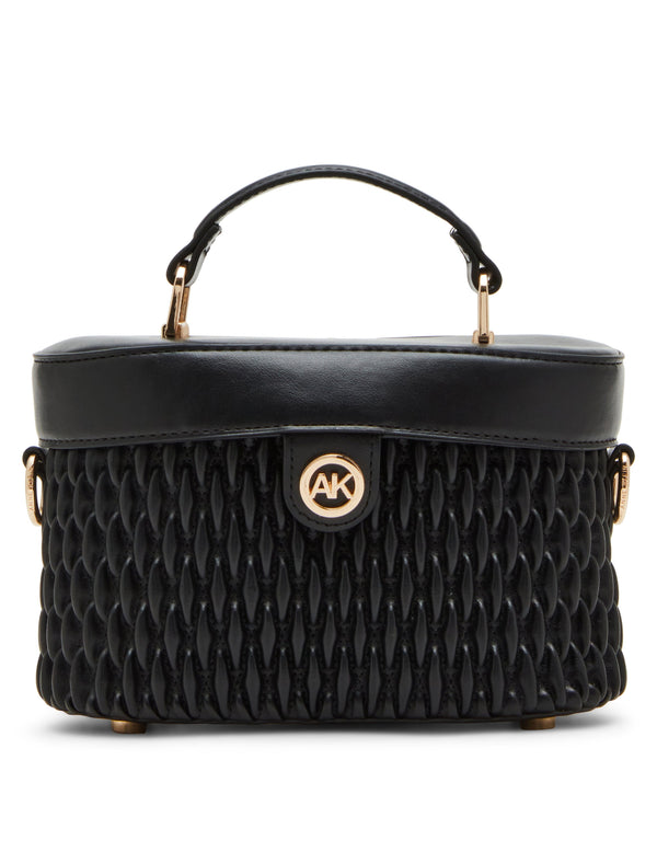 anne klein Ruched Top Handle Train Case With Detachable Crossbody Strap Black