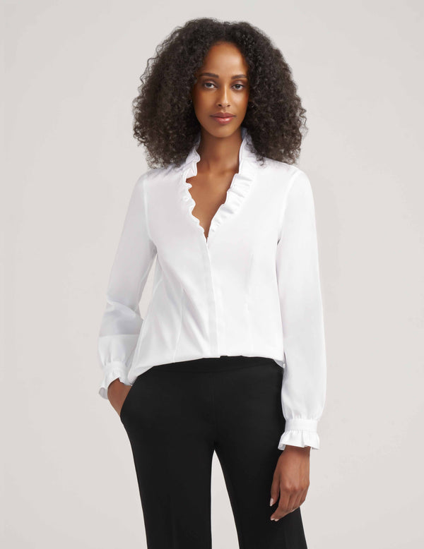 anne klein Ruffle Button Up Shirt Blouse- Sale Bright White