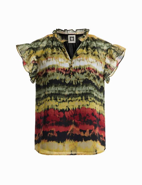 anne klein Ruffle Neck Raglan Sleeve Blouse Olive Palm Multi
