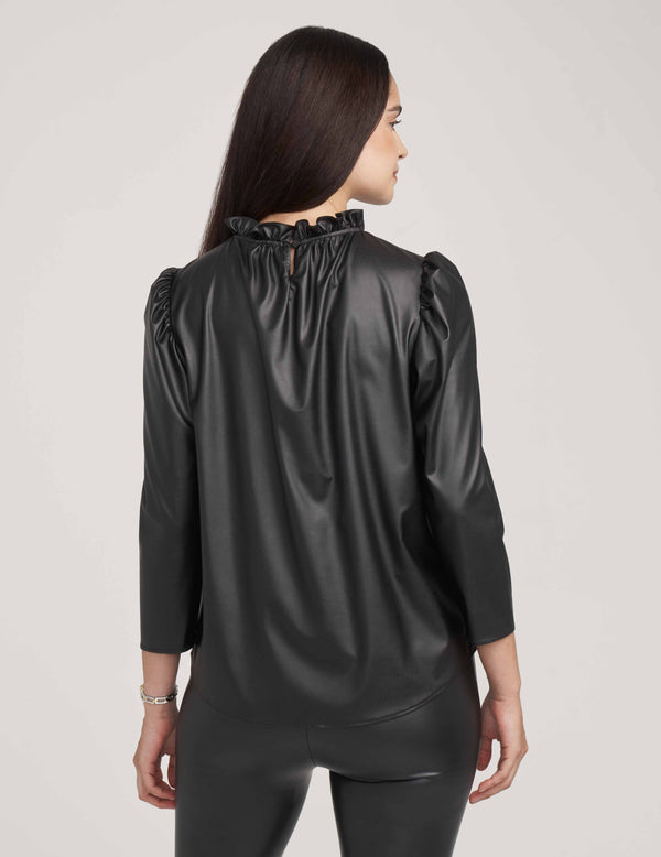 Anne Klein Ruffle Neck Vegan Leather Blouse- Sale Anne Black