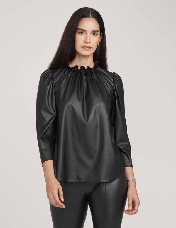 anne klein Ruffle Neck Vegan Leather Blouse- Sale Anne Black